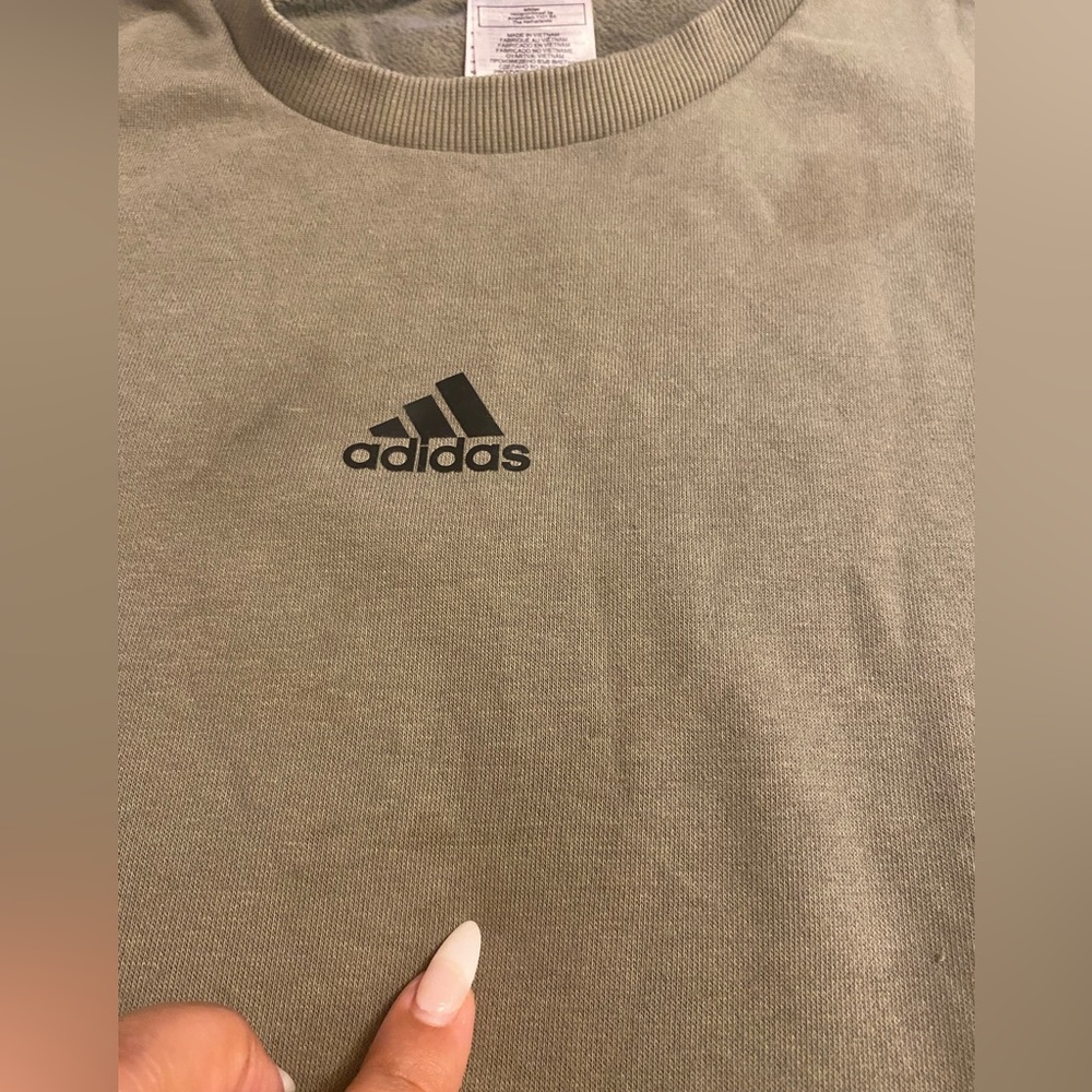 Adidas crew neck sweater, army green with signature three stripes, EUC, $30 - Picture 5 of 7